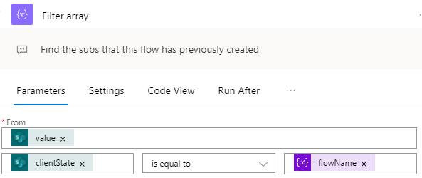 Filter array Find the subs that this flow has previously created Parameters 