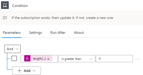 Condition If the subscription exists, then update it, if not, create a new one Parameters